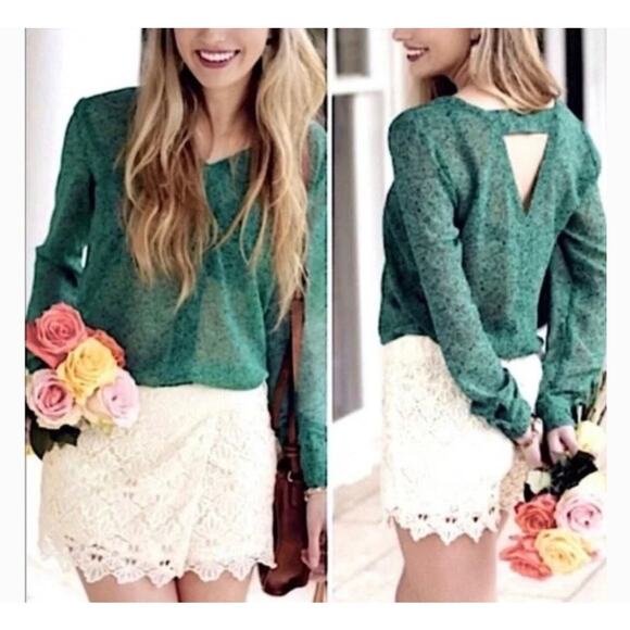 CAbi Bountiful Long Sleeve Emerald Green Sheer Blouse, Small - Picture 2 of 16